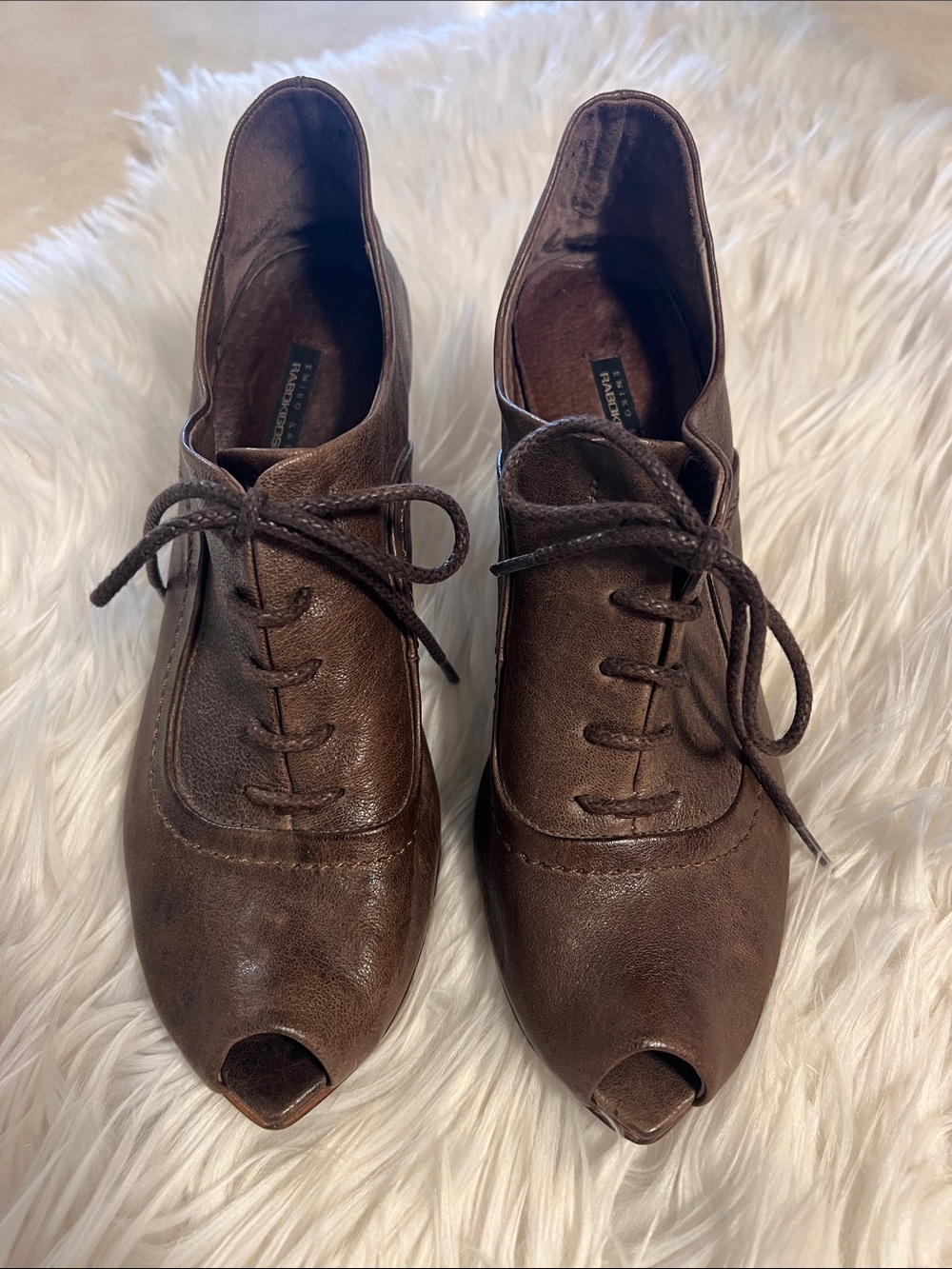 Rabokigoshi Works by Emiko Kamishima Brown Leather Lace-Up Peep-Toe Heels Size